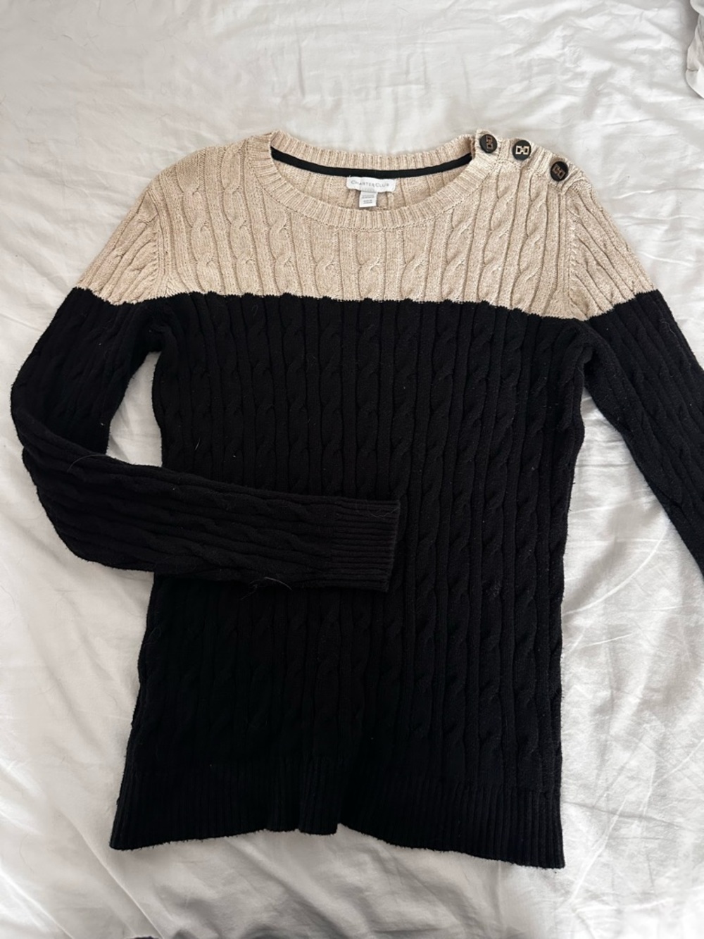 Charter Club Black & Cream Cable Knit Button-Shoulder Sweater
